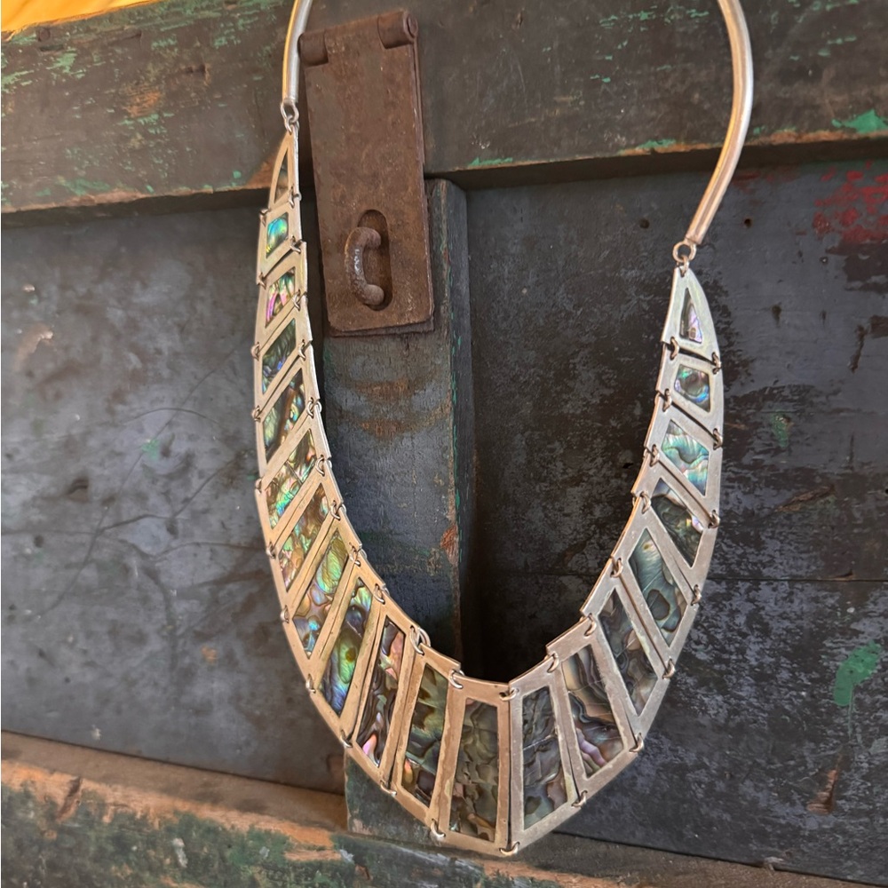 Vintage Statement Abalone Inlay Bib Necklace and Earrings Set - Silver Tone - Picture 3 of 7